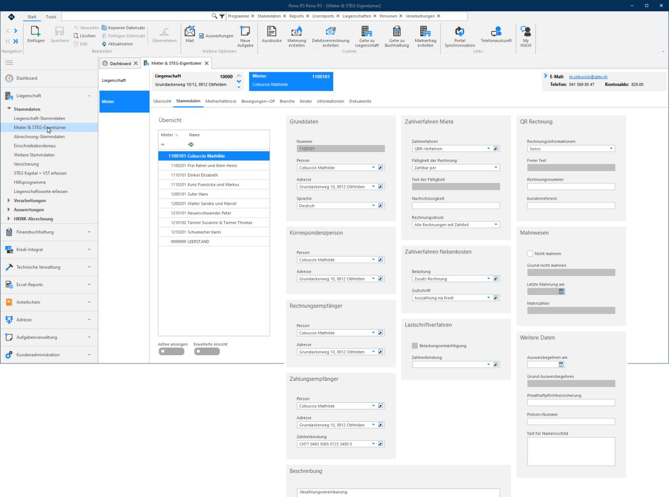 Screenshot: Register Stammdaten eines Mieters mit Person, Korrespondenz-, Rechnungs- und Zahlungsempfänger
