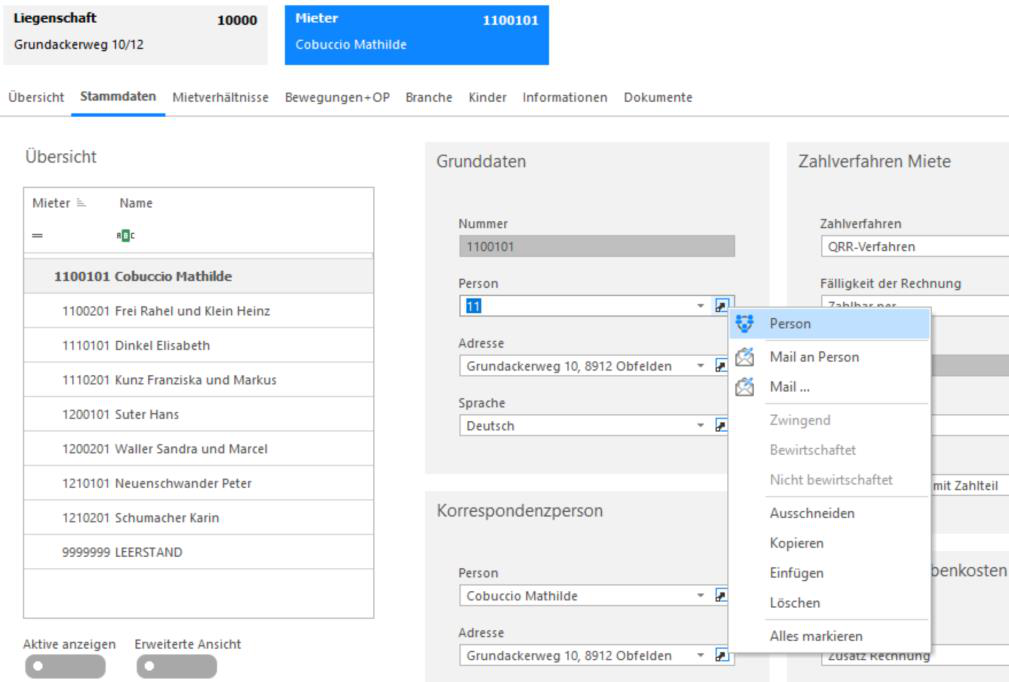 Screenshot: Mieter-Stammdaten mit Absprung aus dem Feld Person in das Adressmodul