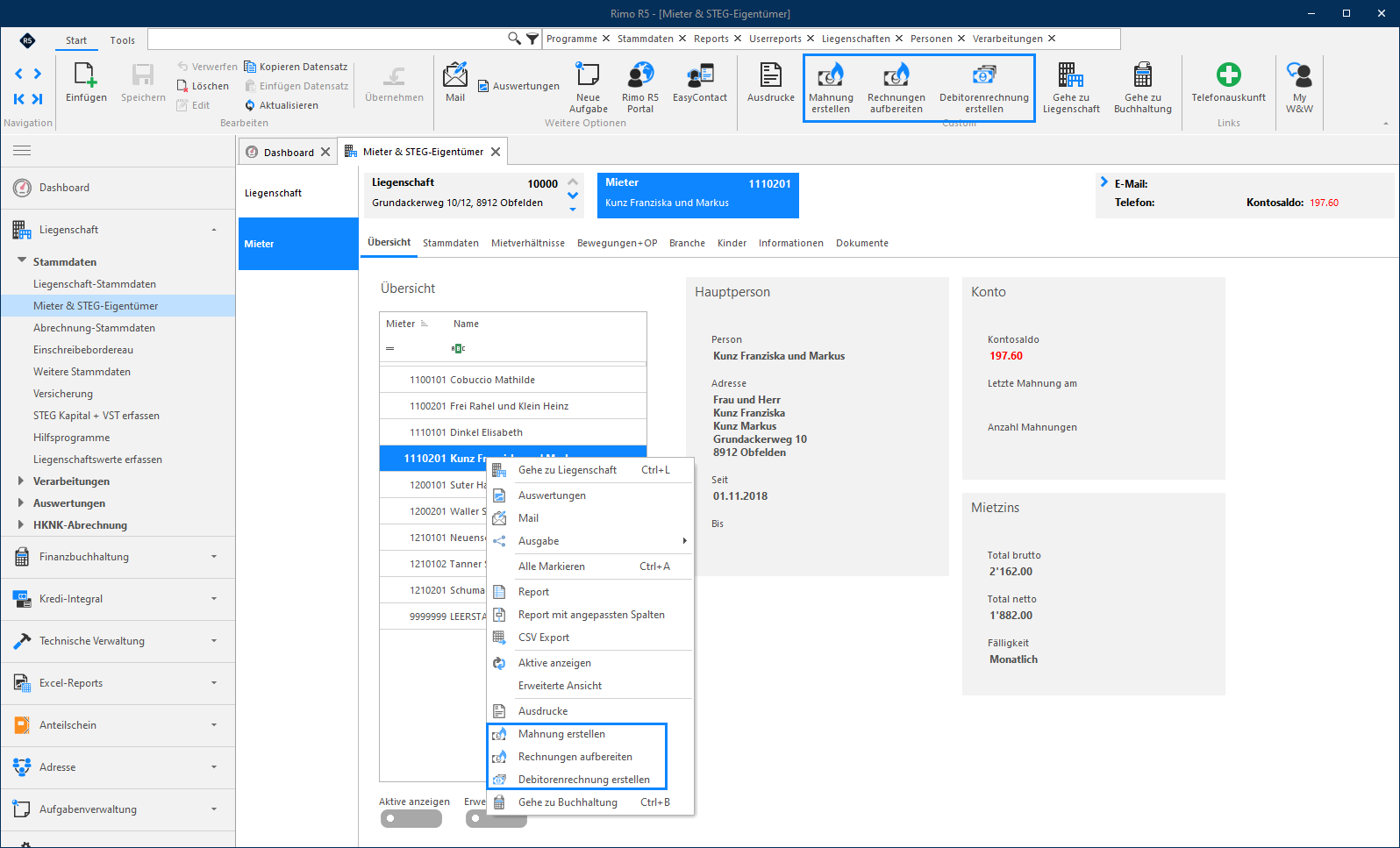 Screenshot: Kontextmenü der Mieterübersicht mit Verarbeitungen für Rechnung, Mahnung und Debitorenrechnung