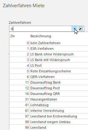Screenshot: Dropdown Zahlverfahren Miete mit den verfügbaren Verfahren