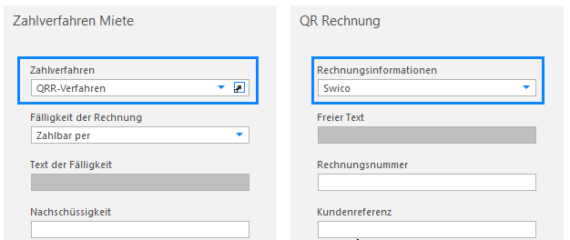 Screenshot: QR-Rechnung mit Rechnungsinformationen Swico sowie Feldern für Rechnungsnummer und Kundenreferenz