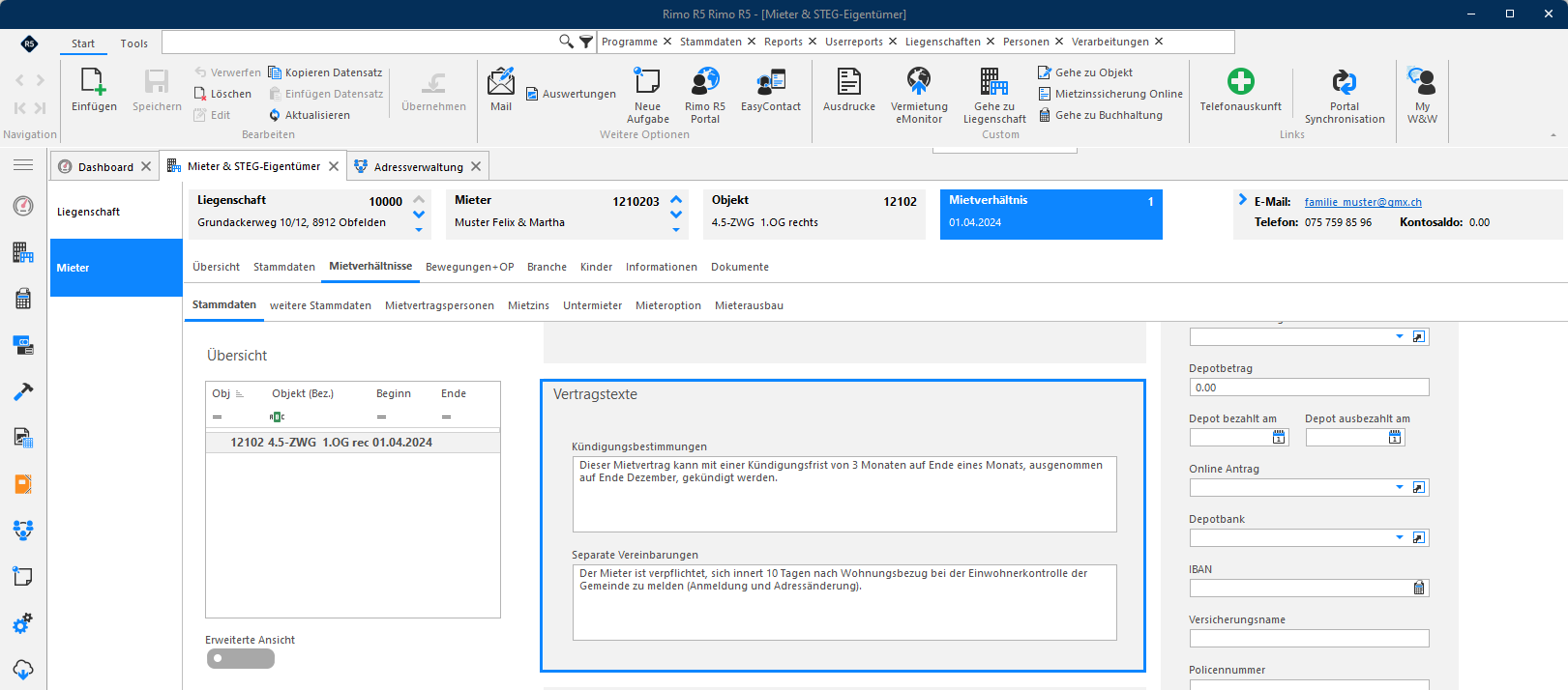Screenshot: Mietverhältnis-Stammdaten mit Feldern für Kündigungsbestimmungen und separate Vereinbarungen