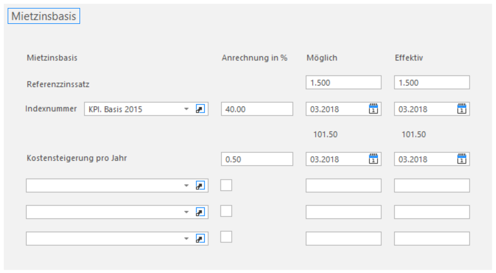 Screenshot: Mietzinsbasis mit Referenzzinssatz, Indexnummer, Kostensteigerung und Reserven