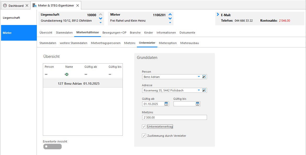 Screenshot: Register Untermieter mit Übersicht und Grunddaten