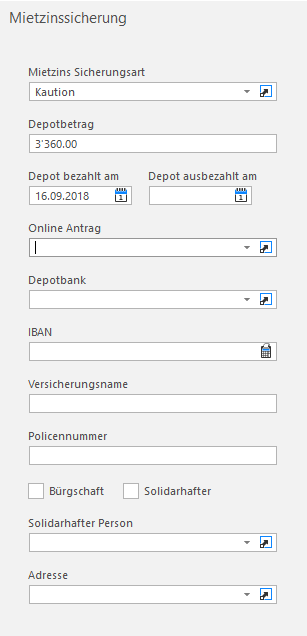 Screenshot: Mietzinssicherung mit Sicherungsart, Depotbetrag, Bank- und IBAN-Angaben