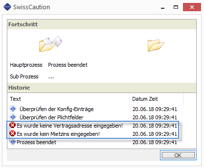 Screenshot: Fortschrittsfenster der Schnittstelle zur Überprüfung der Konfiguration und Pflichtfelder