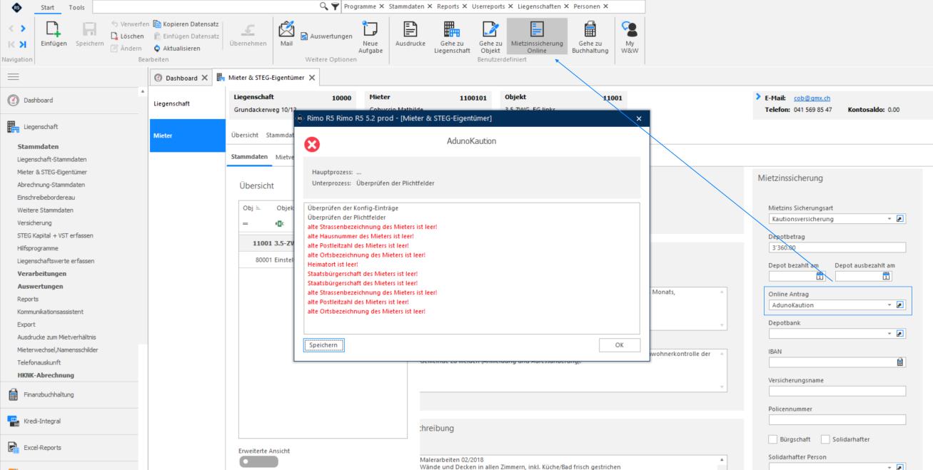 Screenshot: Prozessfenster mit fehlenden Pflichtfeldern für den Export der Mietkaution