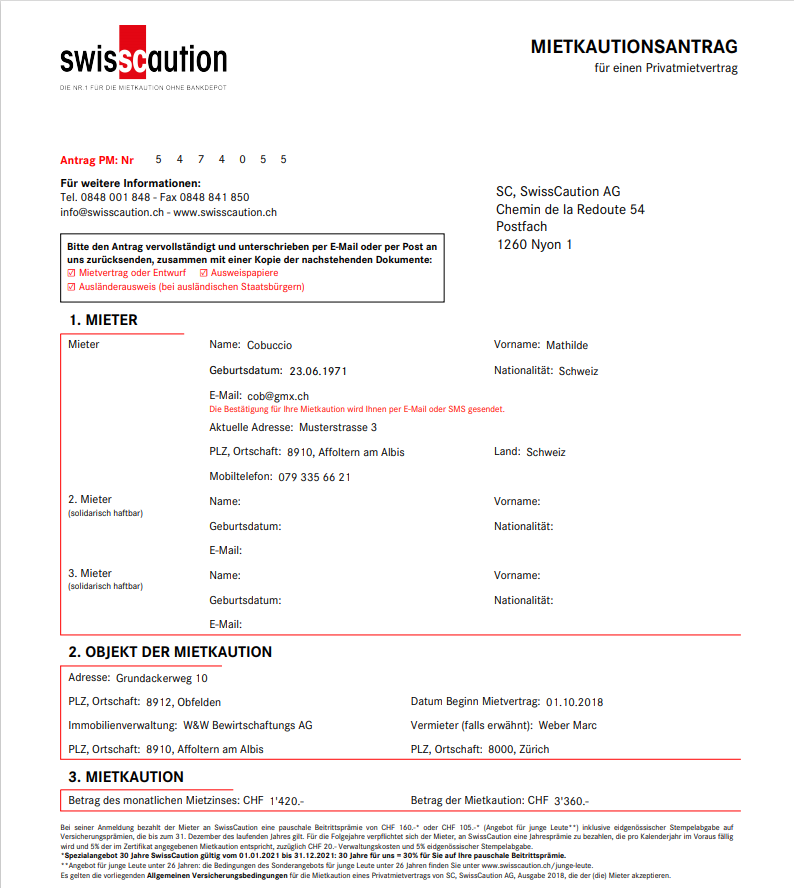 Screenshot: Ausgefülltes Mietkautionsantragsformular von SwissCaution
