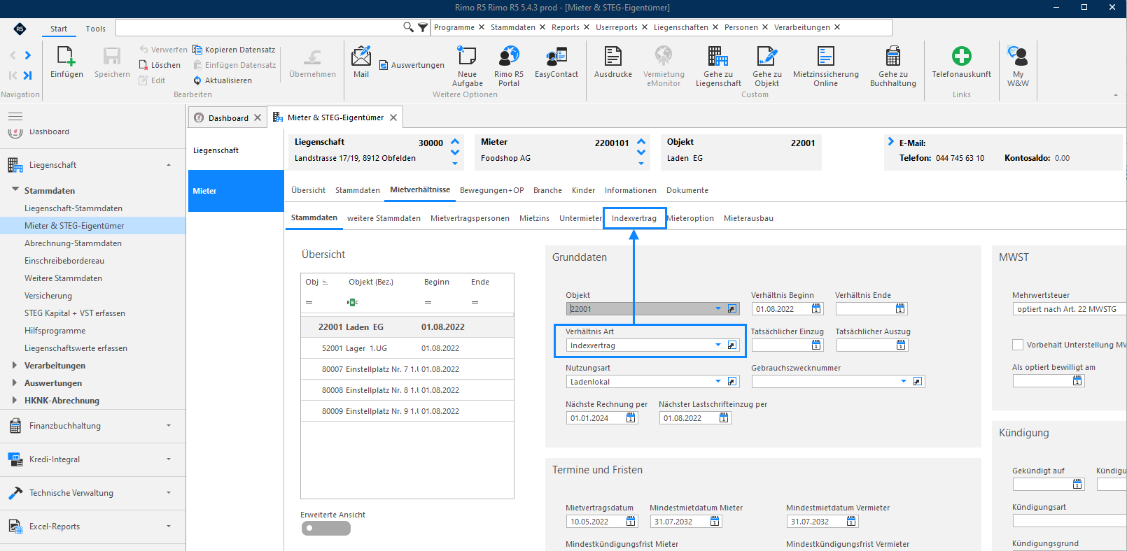 Screenshot: Register Indexvertrag mit den Vertragsdaten für einen indexierten Mietvertrag