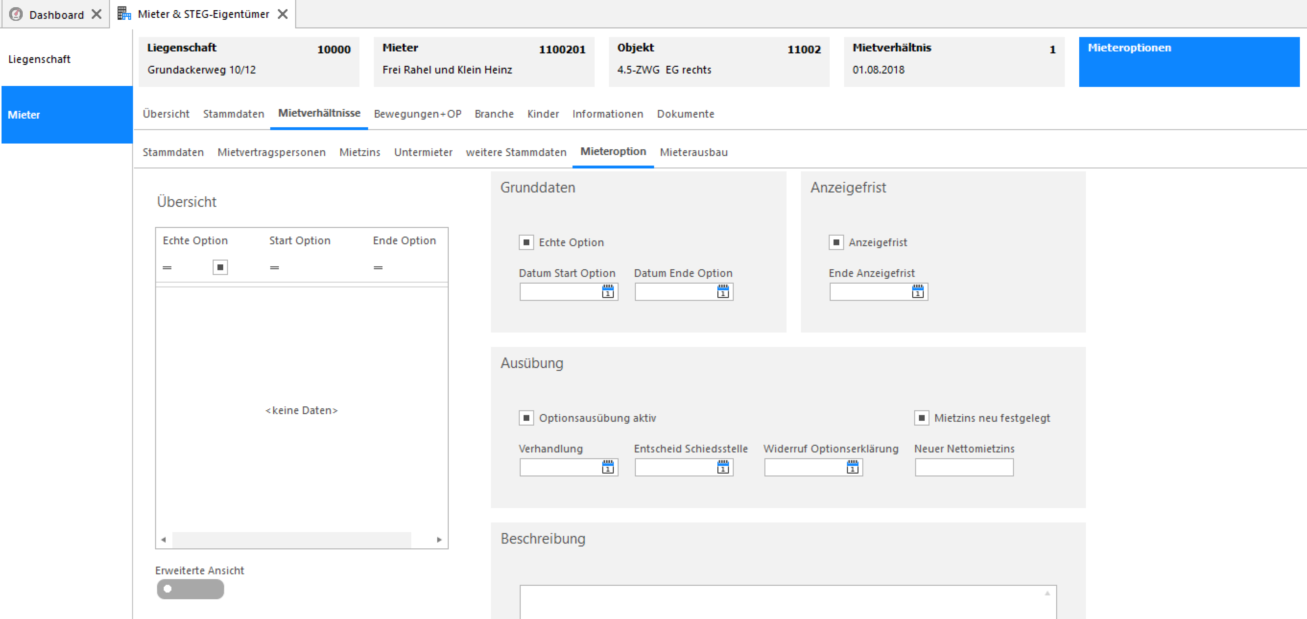 Screenshot: Register Mieteroption mit Optionen und Ausübungsdaten eines Mietverhältnisses