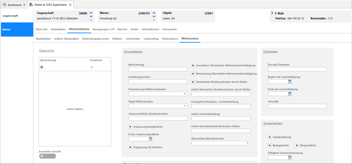 Screenshot: Register Mieterausbau mit Ausbaukosten, Abschreibung und Raten