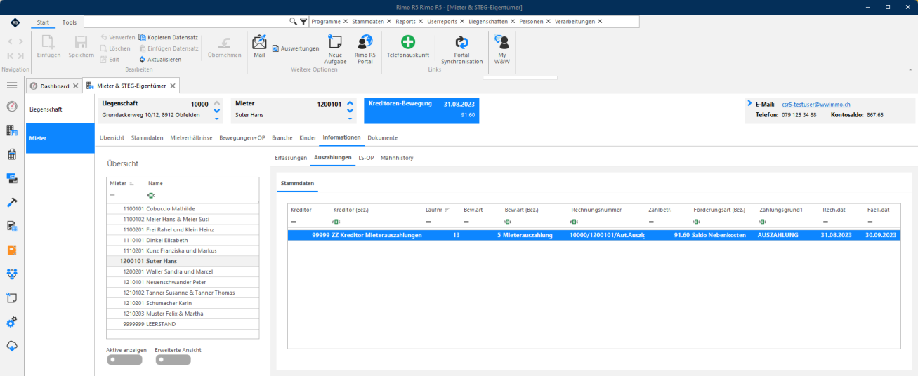 Screenshot: Register Branche mit Erfassung von Branchenangaben zum Mieter
