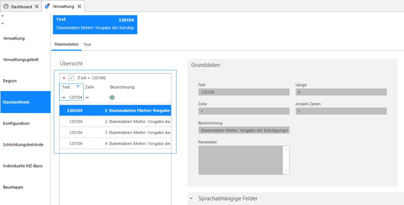 Screenshot: Verwaltung der Standardtexte mit markiertem Mietvertragstext