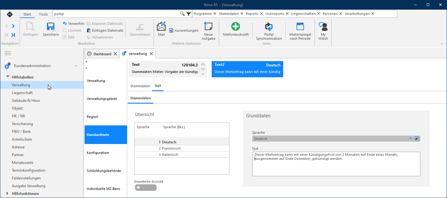 Screenshot: Register Text eines Standardtexts zur Anpassung des Mietvertragstexts