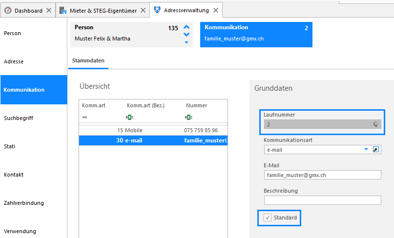 Screenshot: Kommunikationsdaten der Mieterperson mit als Standard markierter E-Mail-Adresse