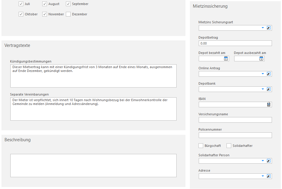 Screenshot: Vertragstexte und Mietzinssicherung im Mietverhältnis