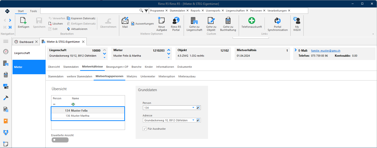 Screenshot: Übersicht der Mietvertragspersonen eines Mietverhältnisses