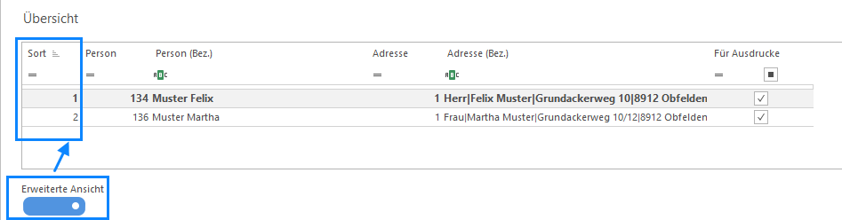 Screenshot: Erweiterte Ansicht der Mietvertragspersonen mit Sortierungsnummer und Flag Für Ausdrucke