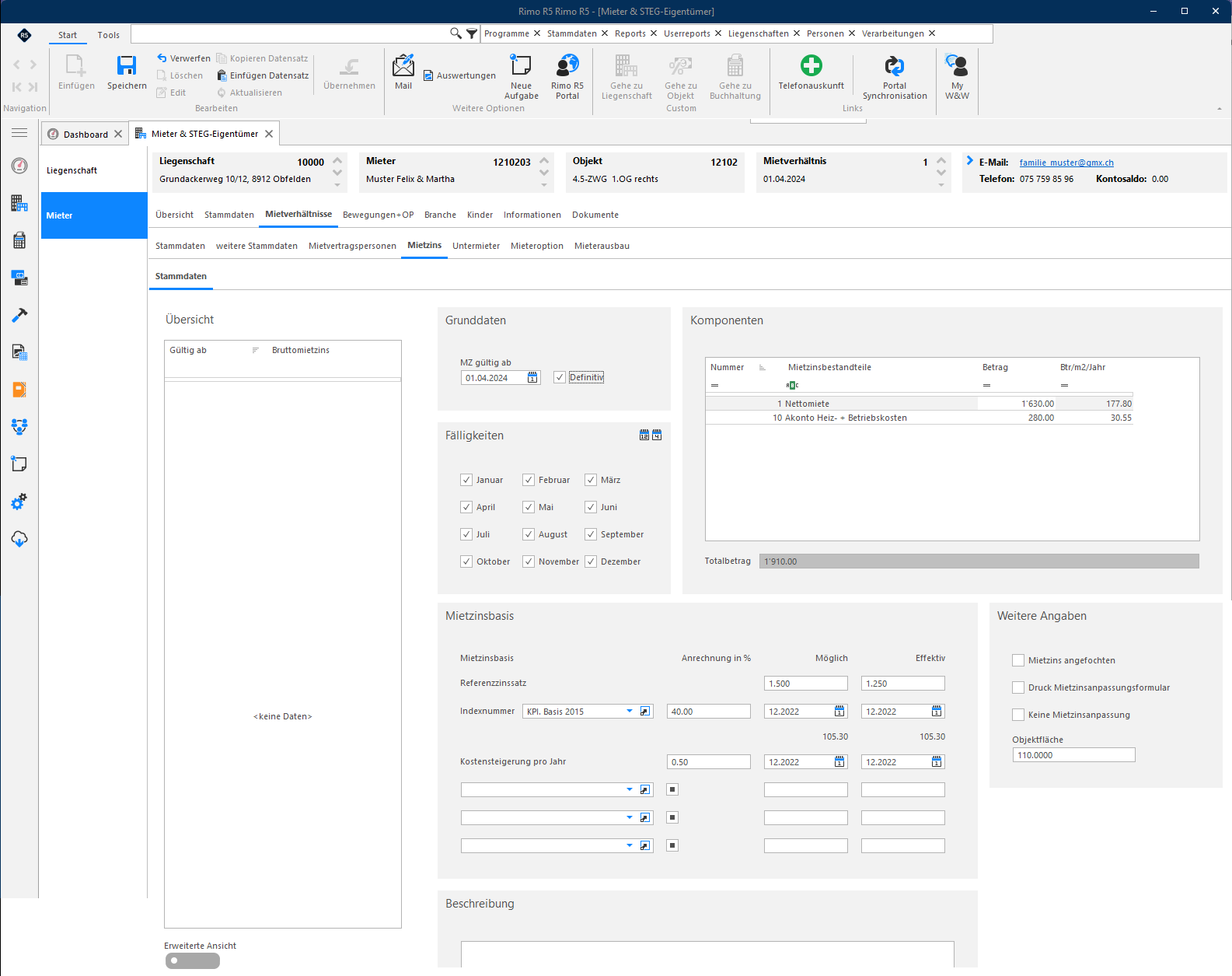 Screenshot: Mietzins-Erfassung mit Fälligkeiten, Mietzinsbestandteilen und Status Mietzins definitiv