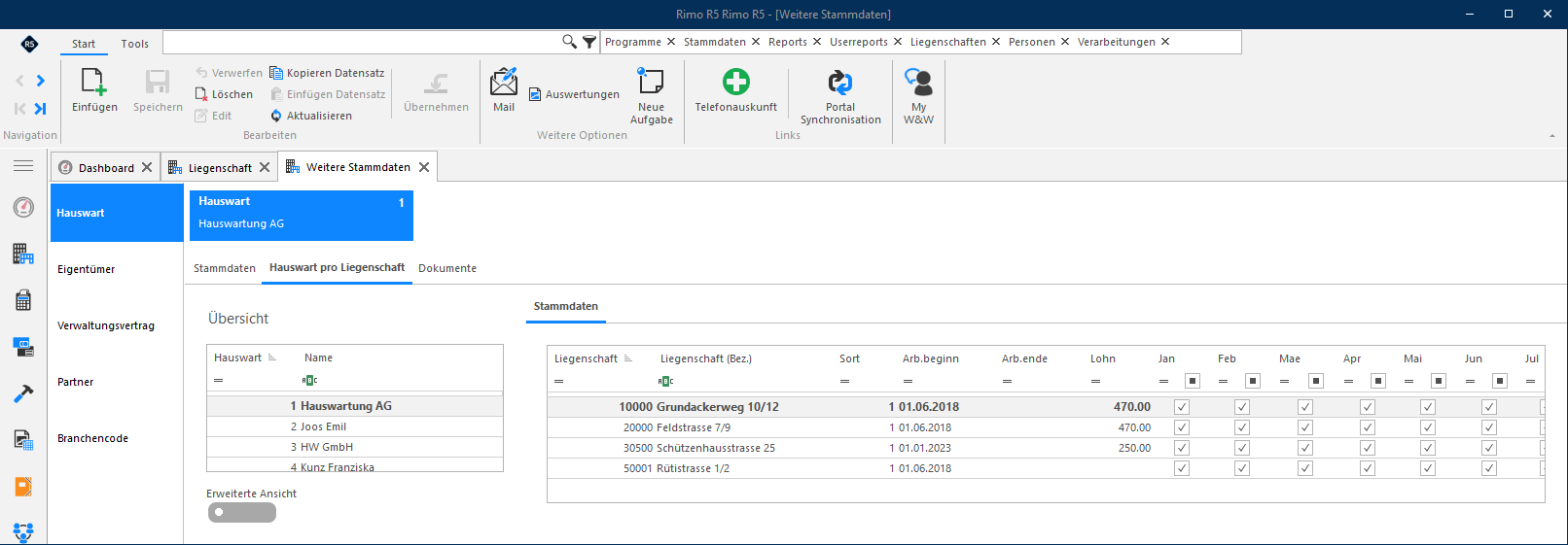 Screenshot: Hauswart pro Liegenschaft – Übersicht der zugeordneten Liegenschaften