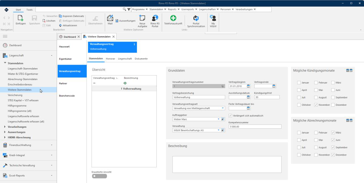 Screenshot: Verwaltungsvertrag – Register Stammdaten mit Vertragsangaben