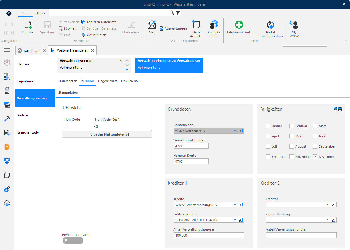 Screenshot: Verwaltungsvertrag – Register Honorar mit Honorararten und Konditionen