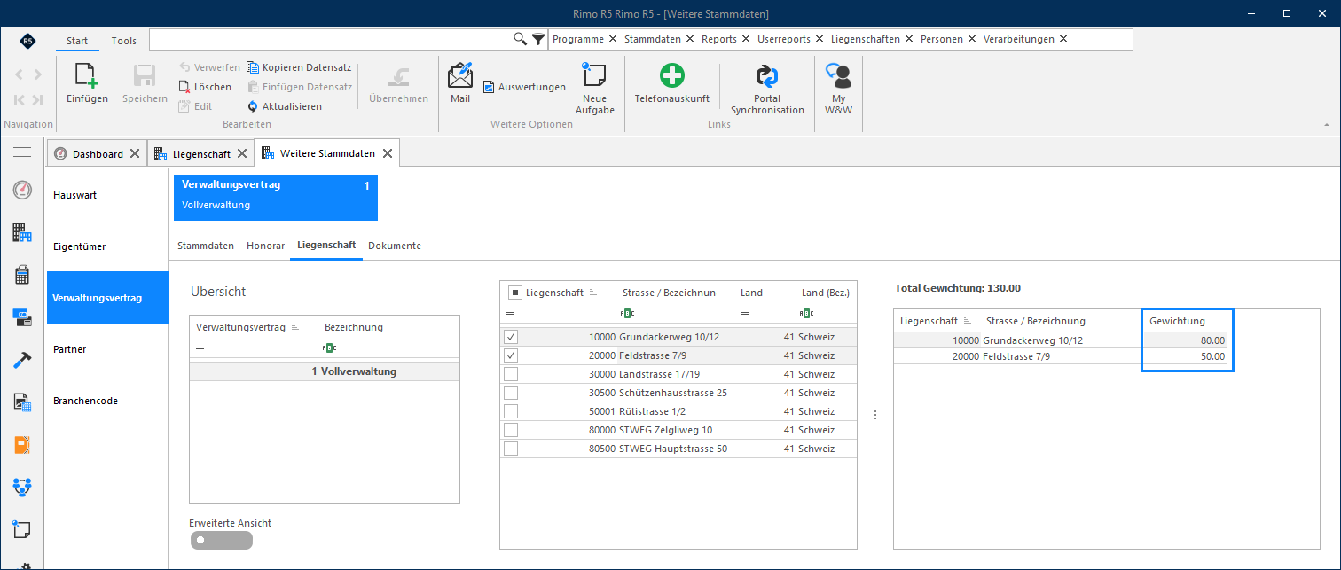 Screenshot: Weitere Stammdaten – Partner pro Liegenschaft mit zugeordneten Handwerkern