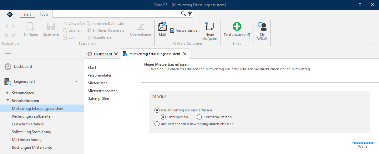Screenshot: Mietvertrag-Erfassungsassistent – Auswahl des Erfassungsmodus im Menü