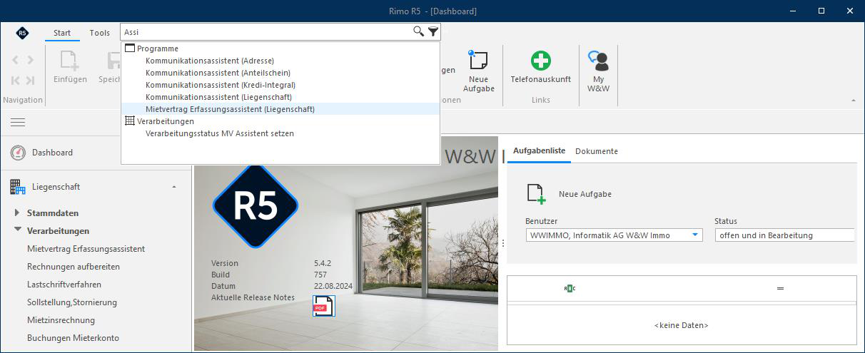 Screenshot: Mietvertrag-Erfassungsassistent – Start über die Suchfunktion