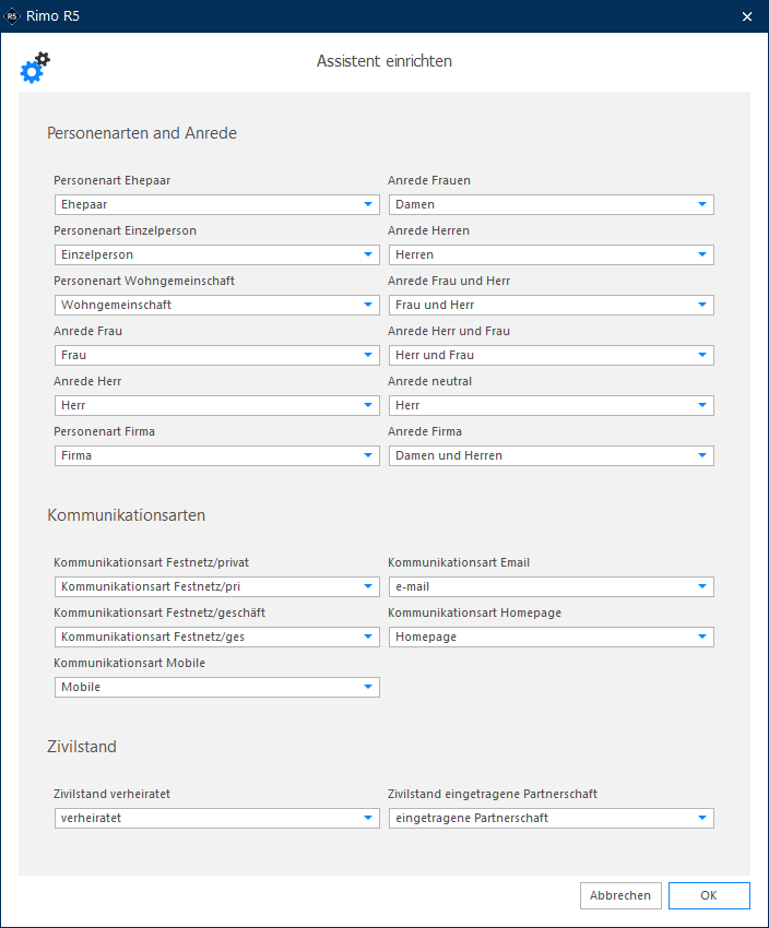 Screenshot: Assistent einrichten – Konfiguration von Personenarten, Anreden und Kommunikationsarten