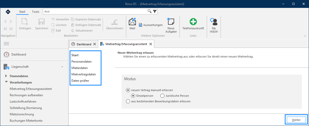 Screenshot: Mietvertrag-Erfassungsassistent – Modus für die manuelle oder datenbasierte Vertragserfassung