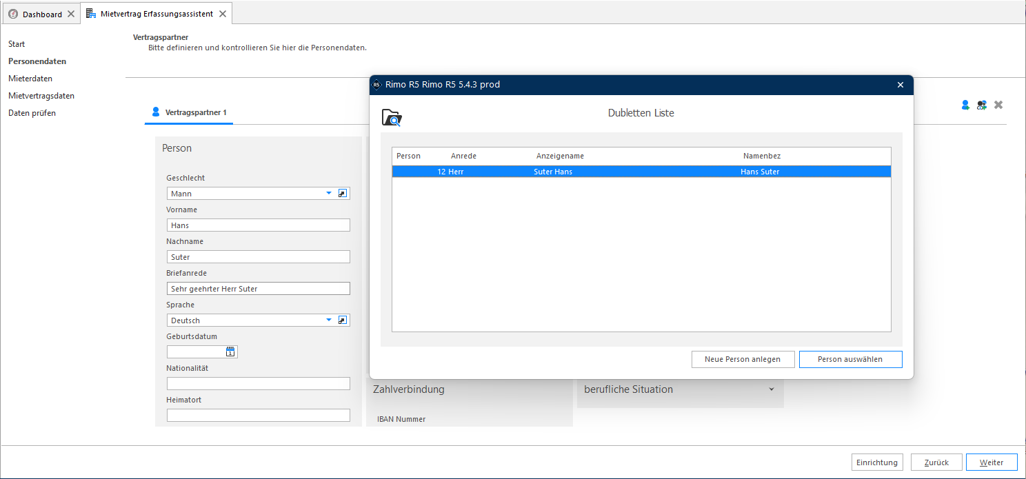 Screenshot: Dublettenprüfung – vorhandene Personen aus dem Adressmodul auswählen