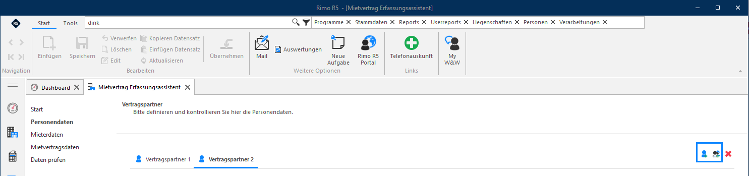 Screenshot: Vertragspartner einfügen – Auswahl einer natürlichen oder juristischen Person