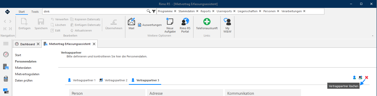 Screenshot: Personendaten – Vertragspartner verwalten und zum nächsten Prozessschritt wechseln