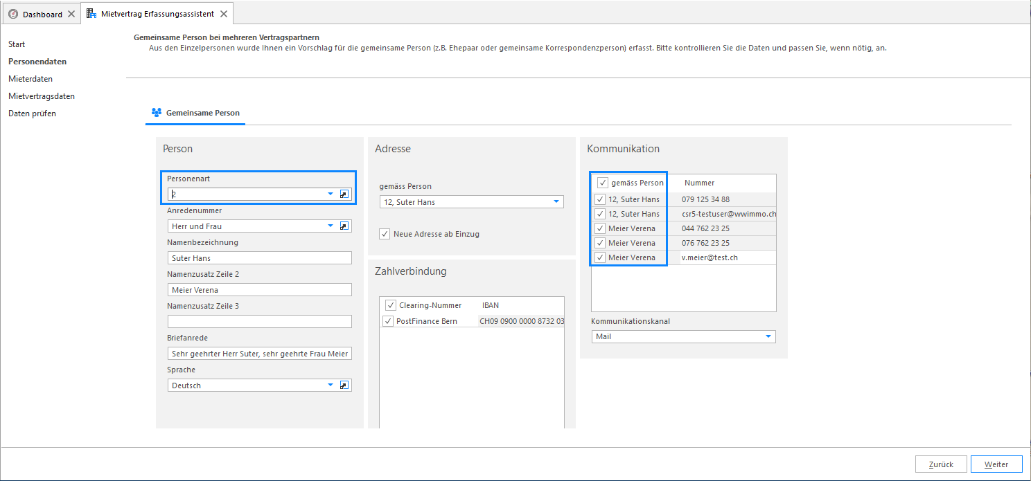 Screenshot: Gemeinsame Person – aus den Vertragspartnern gebildete Kommunikationsdaten