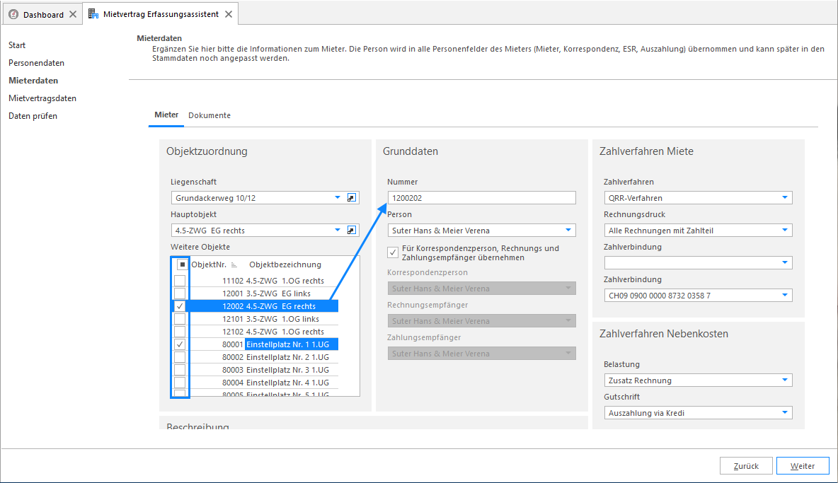 Screenshot: Mieterdaten – Objektliste der gewählten Liegenschaft mit Hauptobjekt