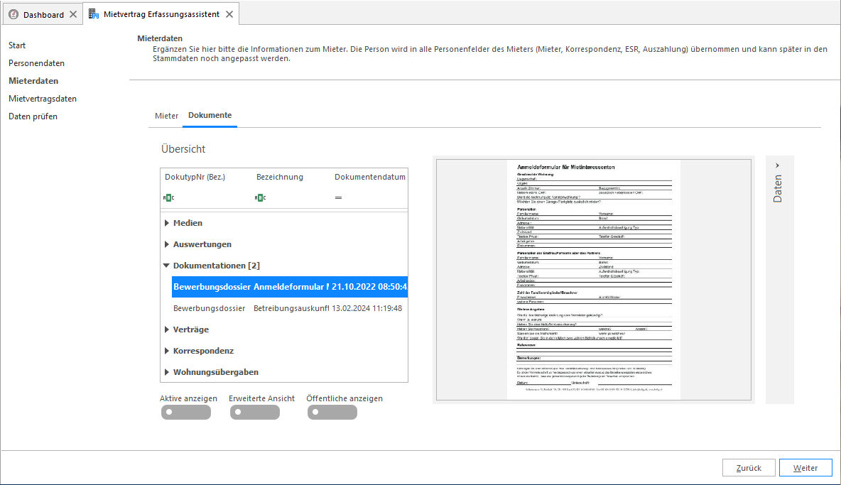 Screenshot: Dokumente – Bewerbungsunterlagen im Mietvertrag-Erfassungsassistenten