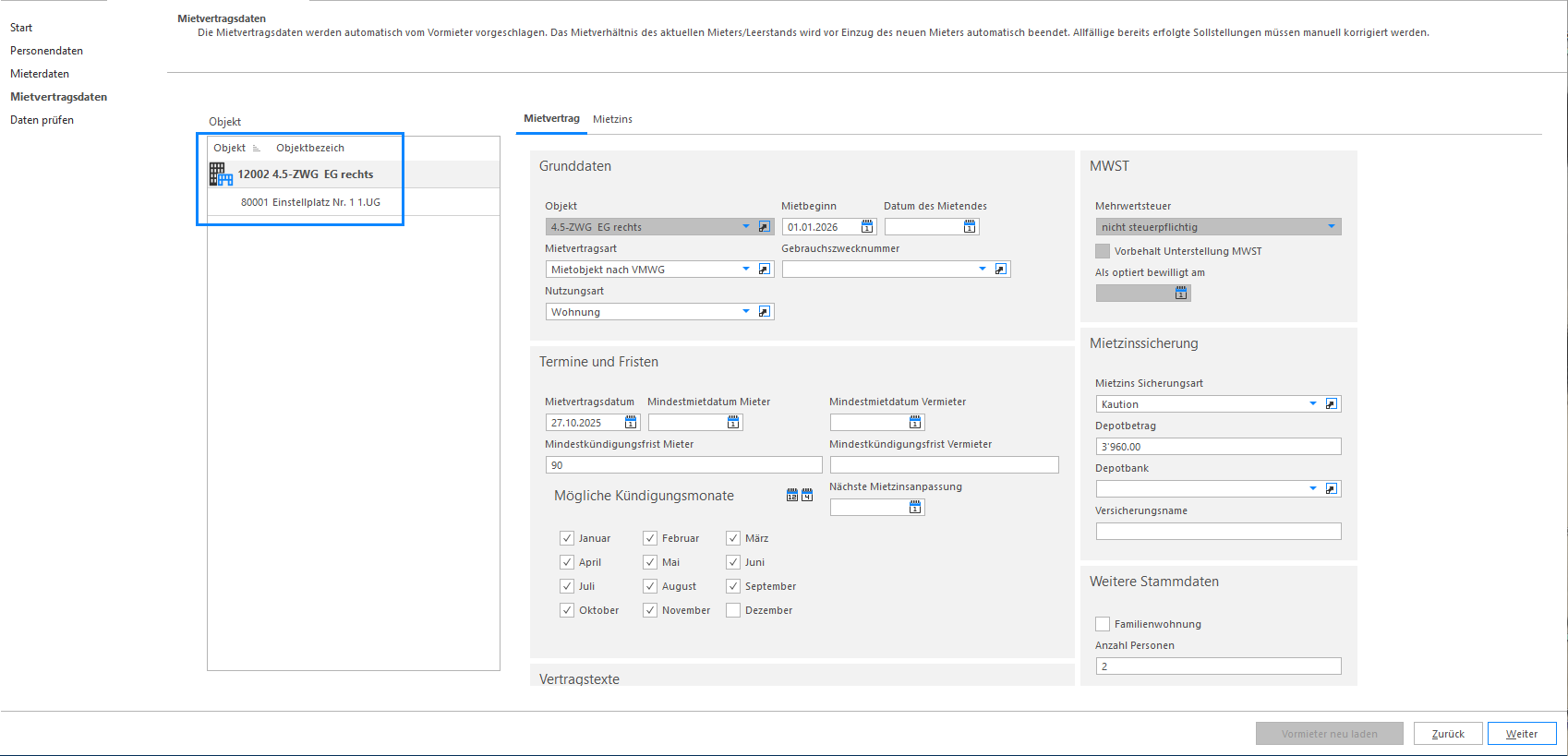 Screenshot: Mietvertragsdaten – Register Mietzins mit Mietzinsangaben