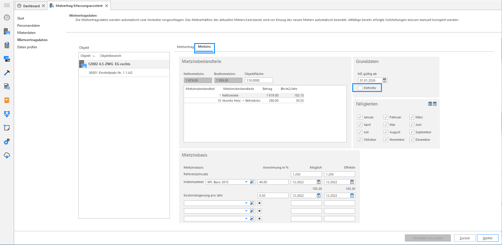 Screenshot: Mietzins – Mietzins im Erfassungsassistenten definitiv setzen