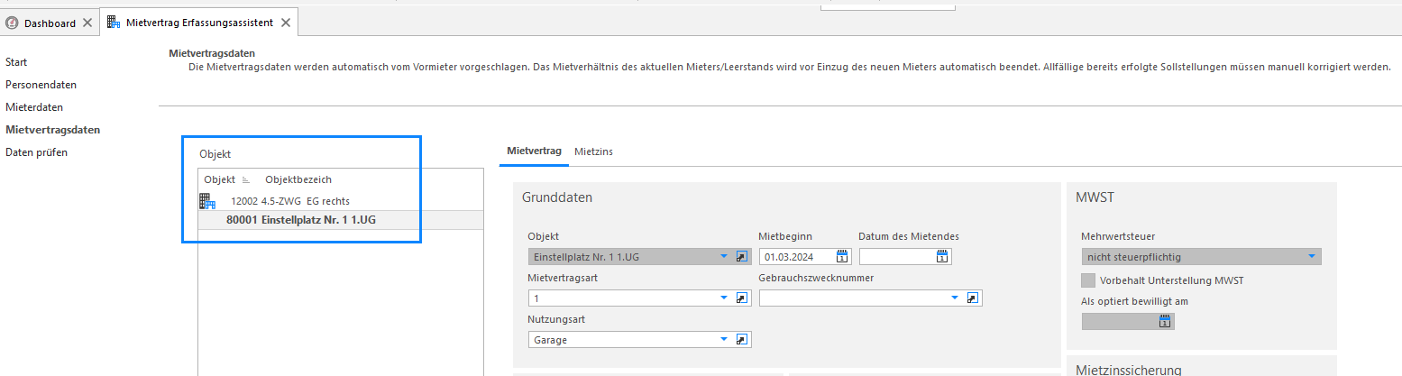 Screenshot: Mietvertragsdaten – Mietzinsdaten für ein Objekt erfassen