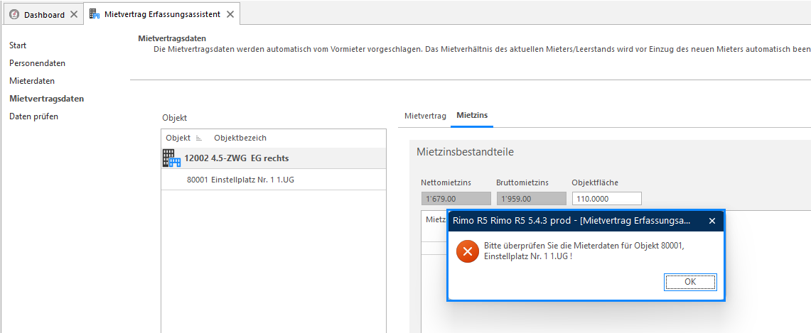 Screenshot: Mietvertragsdaten – Hinweis auf ein noch nicht erfasstes Mietobjekt