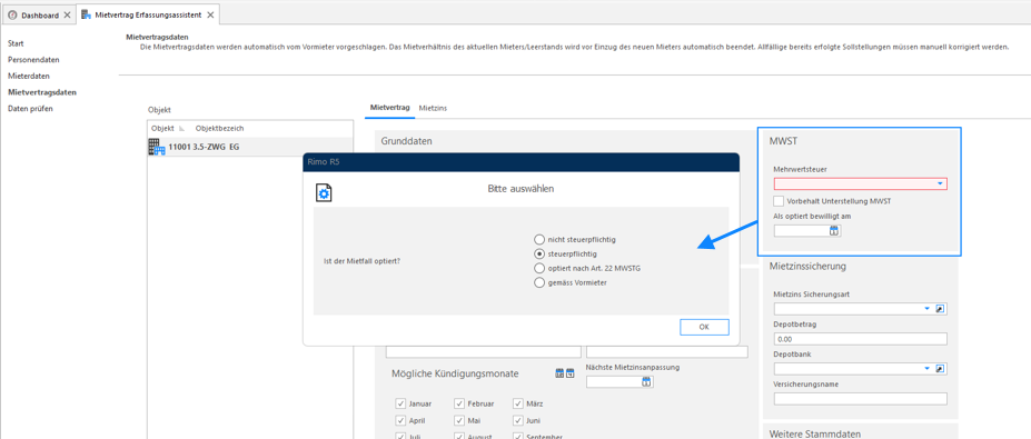 Screenshot: Mietvertragsdaten – Angaben zum Mietverhältnis und Mietzins