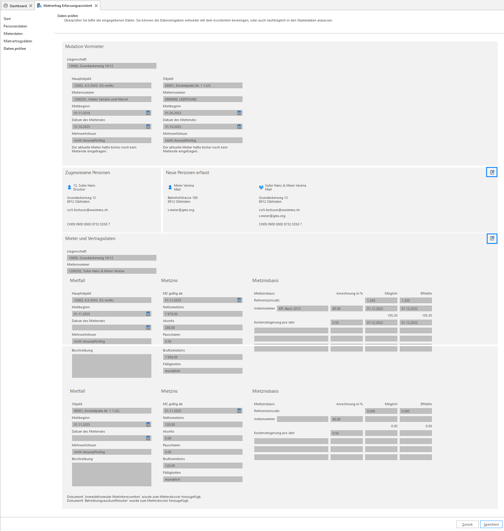 Screenshot: Mietvertrag-Erfassungsassistent – Übersicht der erfassten Mietvertragsdaten