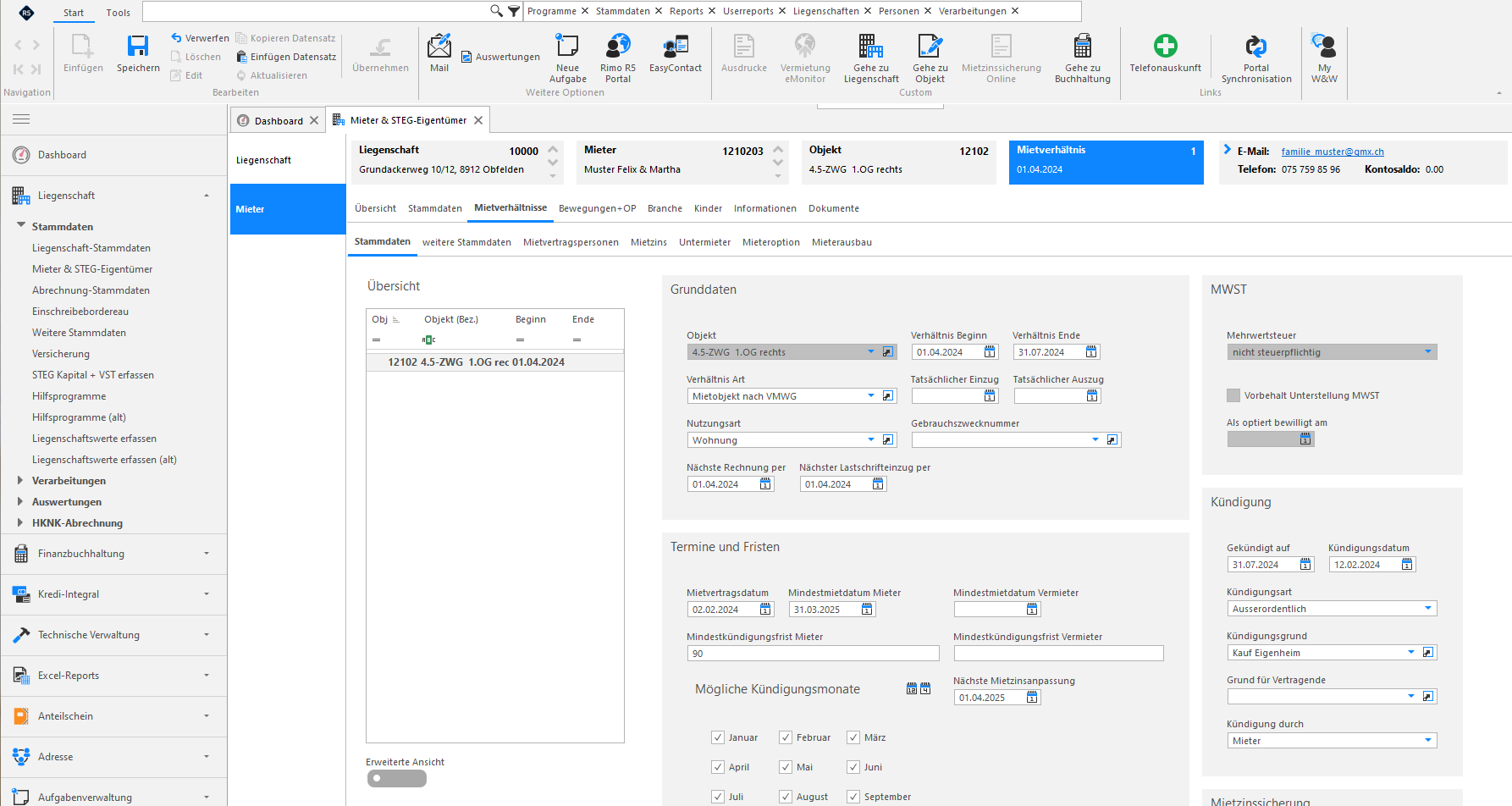 Screenshot: Aktives Mietverhältnis – Kündigungsdatum und Verhältnisende in den Stammdaten erfassen