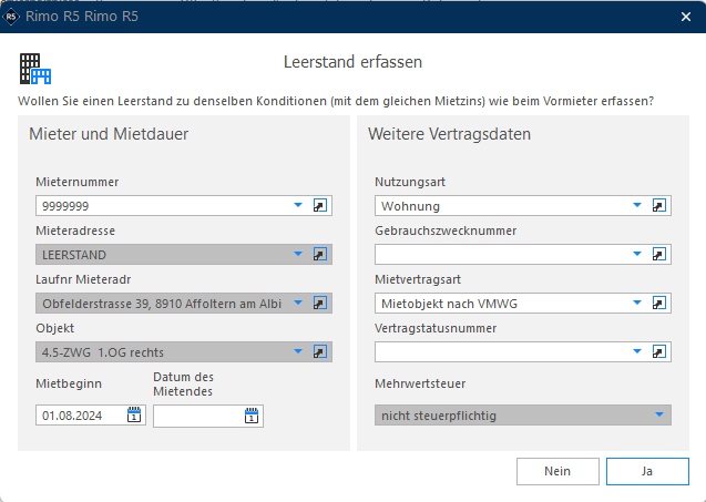 Screenshot: Leerstand erfassen – Mietverhältnis für den Mieter Leerstand anlegen