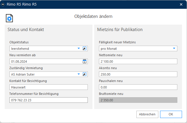 Screenshot: Objektdaten ändern – Status und Angaben für die Insertion erfassen