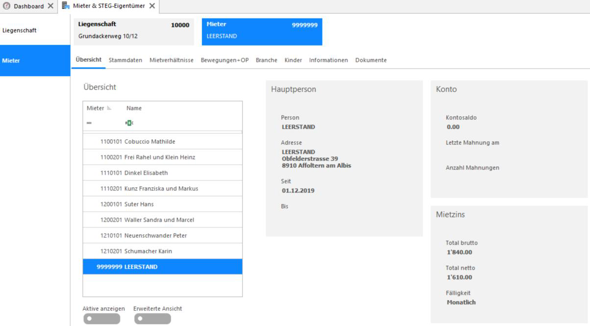 Screenshot: Mieter Leerstand – Übersicht mit der Mieternummer 9999999