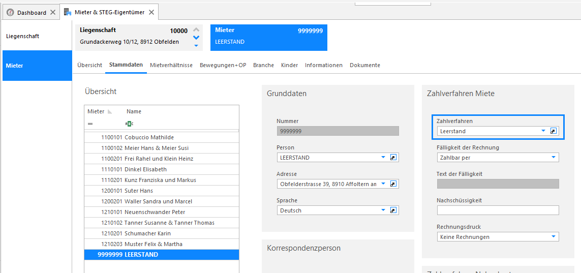 Screenshot: Mieter Leerstand – Zahlverfahren im Register Ein-/Auszahlung