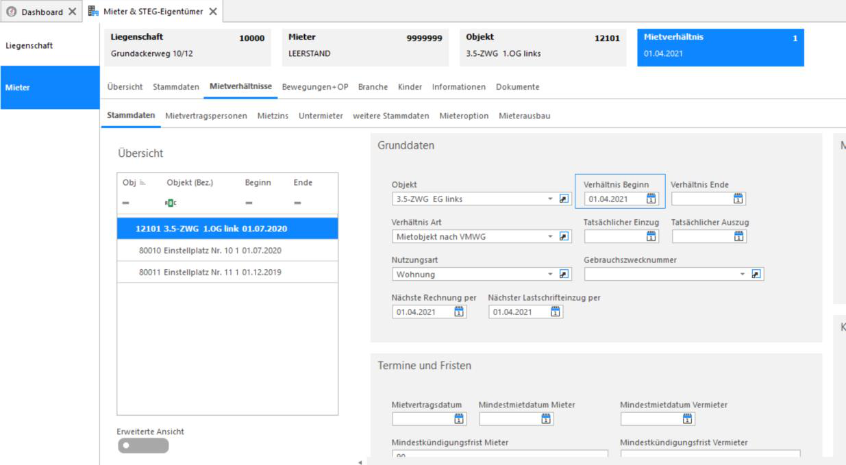 Screenshot: Manueller Leerstand – Mietvertragsdatum und Leerstandbeginn erfassen