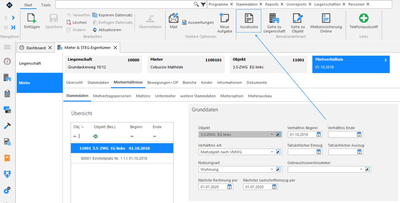 Screenshot: Leerstandmieter – Übersicht der Leerstände einer Liegenschaft